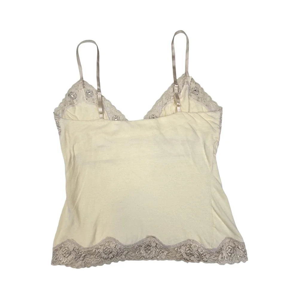 Self Esteem Vintage Y2K Camisole Top Butter Yellow Lace Trim Beaded Tank Top